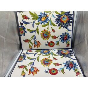 Williams Sonoma Iznik Floral Hardmat Placemats Blue Red Yellow Cork Back Set 2